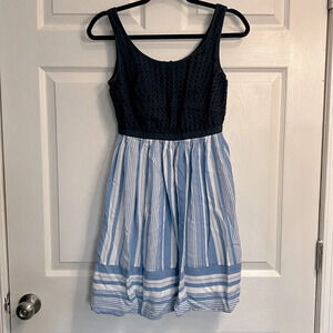 Ann Taylor Loft Blue Eyelet Lace Striped Sleeveless Dress Size 0